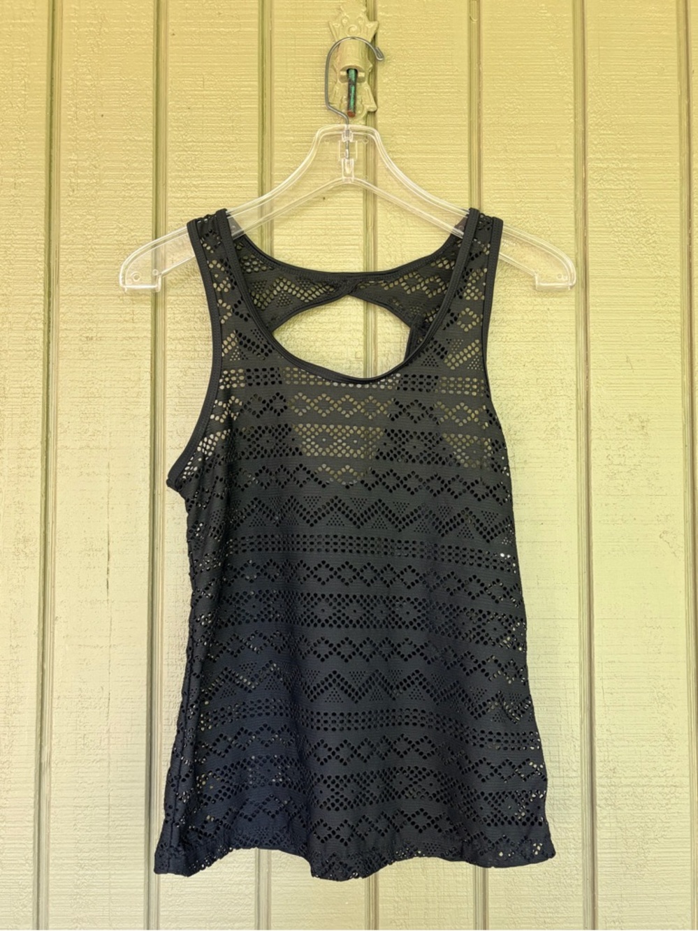 Black Laser-Cut Geometric Swim Cover-Up Tank - Size S